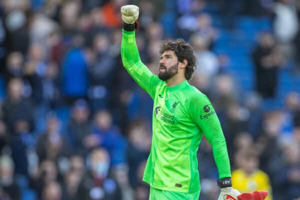 BRIGHTON AND HOVE, ENGLAND - Saturday, March 12, 2022: Liverpool's goalkeeper Alisson Becker celebrates after the FA Premier League match between Brighton & Hove Albion FC and Liverpool FC at the AMEX Community Stadium. Liverpool won 2-0. (Pic by David Rawcliffe/Propaganda)