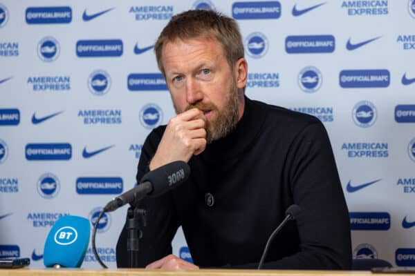 BRIGHTON AND HOVE, ENGLAND - Saturday, March 12, 2022: Brighton & Hove Albion's manager Graham Potter during a post-match press conference after the FA Premier League match between Brighton & Hove Albion FC and Liverpool FC at the American Express Community Stadium. Liverpool won 2-0. (Pic by David Rawcliffe/Propaganda)