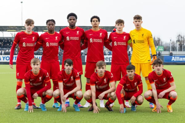 TORINO, ITALY - Tuesday, March 15, 2022: Liverpool's players line-up for a team group photograph before the UEFA Youth League Quarter-Final between Juventus Under-19's and Liverpool FC Under-19's at the Juventus Training Centre. (Pic by David Rawcliffe/Propaganda)