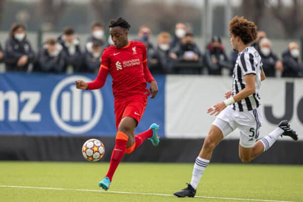 TORINO, ITALY - Tuesday, March 15, 2022: Liverpool's Isaac Mabaya during the UEFA Youth League Quarter-Final between Juventus Under-19's and Liverpool FC Under-19's at the Juventus Training Centre. (Pic by David Rawcliffe/Propaganda)