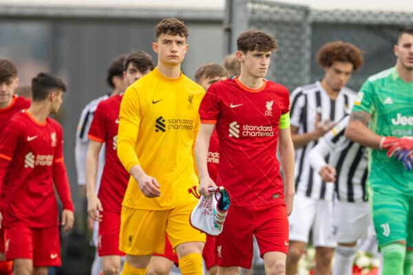 TORINO, ITALY - Tuesday, March 15, 2022: Liverpool's captain Tyler Morton leads his side out before the UEFA Youth League Quarter-Final between Juventus Under-19's and Liverpool FC Under-19's at the Juventus Training Centre. (Pic by David Rawcliffe/Propaganda)