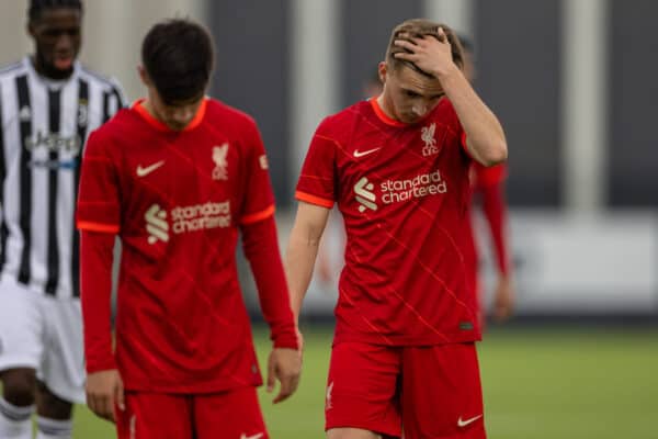 TORINO, ITALY - Tuesday, March 15, 2022: Liverpool's Max Woltman (R) looks dejected during the UEFA Youth League Quarter-Final between Juventus Under-19's and Liverpool FC Under-19's at the Juventus Training Centre. (Pic by David Rawcliffe/Propaganda)