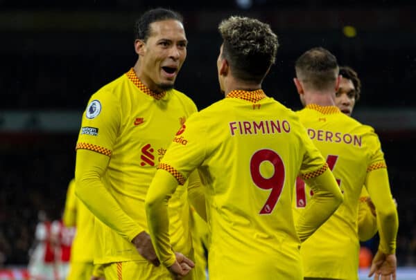 LONDON, ENGLAND - Wednesday, March 16, 2022: Liverpool's Virgil van Dijk (L) celebrates with goal-scorer Roberto Firmino (R) after the second goal during the FA Premier League match between Arsenal FC and Liverpool FC at the Emirates Stadium. (Pic by David Rawcliffe/Propaganda)