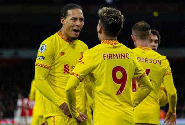 LONDON, ENGLAND - Wednesday, March 16, 2022: Liverpool's Virgil van Dijk (L) celebrates with goal-scorer Roberto Firmino (R) after the second goal during the FA Premier League match between Arsenal FC and Liverpool FC at the Emirates Stadium. (Pic by David Rawcliffe/Propaganda)