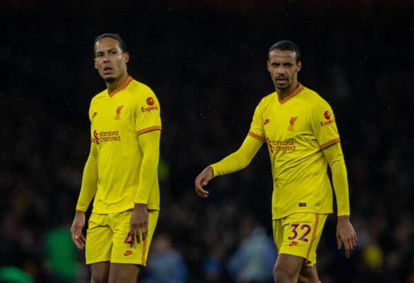 LONDON, ENGLAND - Wednesday, March 16, 2022: Liverpool's Virgil van Dijk (L) and Joel Matip during the FA Premier League match between Arsenal FC and Liverpool FC at the Emirates Stadium. (Pic by David Rawcliffe/Propaganda)