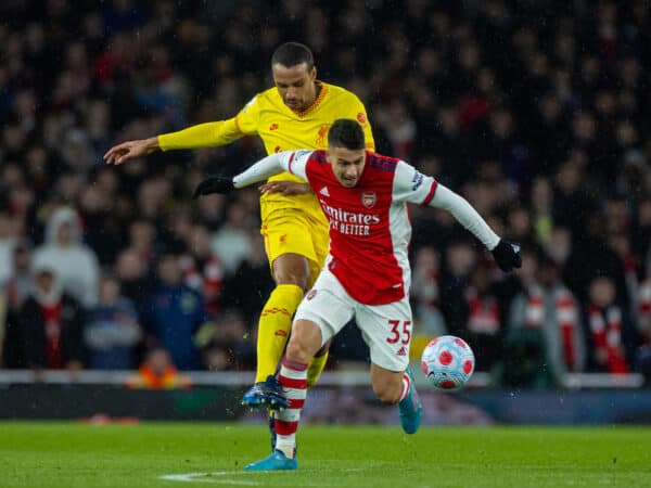 LONDON, ENGLAND - Wednesday, March 16, 2022: Liverpool's Joel Matip (L) and Arsenal's Gabriel Martinelli during the FA Premier League match between Arsenal FC and Liverpool FC at the Emirates Stadium. (Pic by David Rawcliffe/Propaganda)