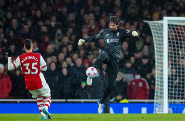 LONDON, ENGLAND - Wednesday, March 16, 2022: Liverpool's goalkeeper Alisson Becker clears the ball during the FA Premier League match between Arsenal FC and Liverpool FC at the Emirates Stadium. (Pic by David Rawcliffe/Propaganda)