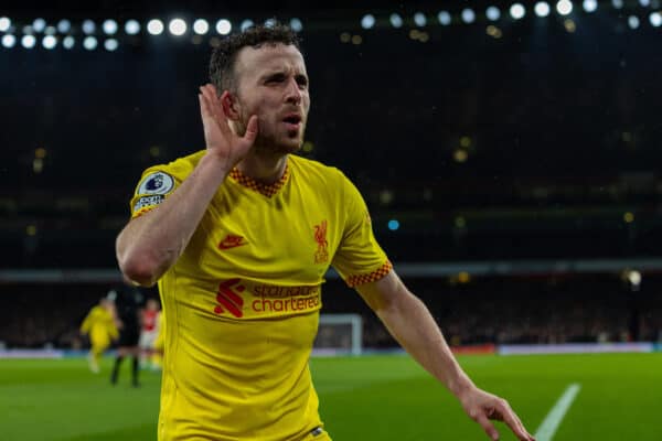 LONDON, ENGLAND - Wednesday, March 16, 2022: Liverpool's Diogo Jota celebrates after scoring the first goal\ during the FA Premier League match between Arsenal FC and Liverpool FC at the Emirates Stadium. (Pic by David Rawcliffe/Propaganda)