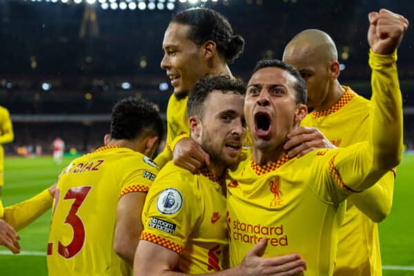 LONDON, ENGLAND - Wednesday, March 16, 2022: Liverpool's Diogo Jota celebrates after scoring the first goal during the FA Premier League match between Arsenal FC and Liverpool FC at the Emirates Stadium. (Pic by David Rawcliffe/Propaganda)