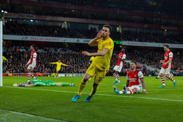 LONDON, ENGLAND - Wednesday, March 16, 2022: Liverpool's Diogo Jota celebrates after scoring the first goal during the FA Premier League match between Arsenal FC and Liverpool FC at the Emirates Stadium. (Pic by David Rawcliffe/Propaganda)