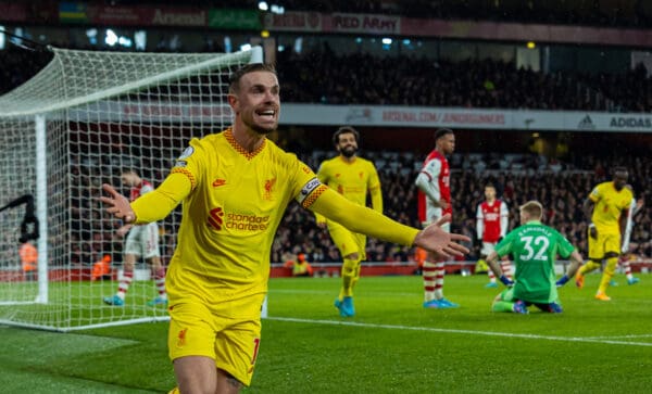 LONDON, ENGLAND - Wednesday, March 16, 2022: Liverpool's captain Jordan Henderson celebrates his side's second goal during the FA Premier League match between Arsenal FC and Liverpool FC at the Emirates Stadium. (Pic by David Rawcliffe/Propaganda)