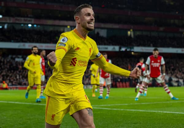 LONDON, ENGLAND - Wednesday, March 16, 2022: Liverpool's captain Jordan Henderson celebrates his side's second goal during the FA Premier League match between Arsenal FC and Liverpool FC at the Emirates Stadium. (Pic by David Rawcliffe/Propaganda)