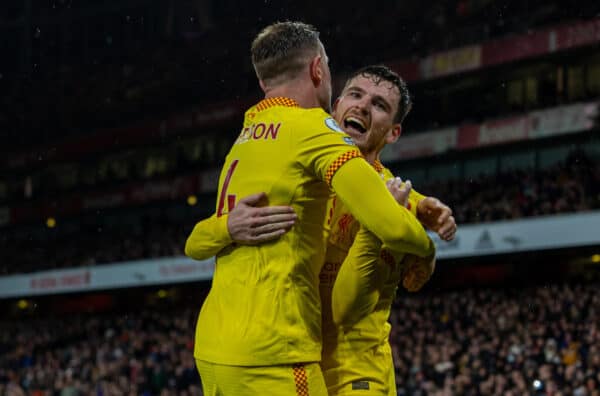 LONDON, ENGLAND - Wednesday, March 16, 2022: Liverpool's captain Jordan Henderson (L) and Andy Robertson celebrates their side's second goal during the FA Premier League match between Arsenal FC and Liverpool FC at the Emirates Stadium. (Pic by David Rawcliffe/Propaganda)