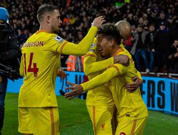 LONDON, ENGLAND - Wednesday, March 16, 2022: Liverpool's Roberto Firmino celebrates after scoring the second goal during the FA Premier League match between Arsenal FC and Liverpool FC at the Emirates Stadium. (Pic by David Rawcliffe/Propaganda)