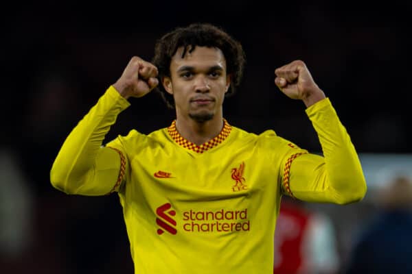 LONDON, ENGLAND - Wednesday, March 16, 2022: Liverpool's Trent Alexander-Arnold celebrates after the FA Premier League match between Arsenal FC and Liverpool FC at the Emirates Stadium. Liverpool won 2-0. (Pic by David Rawcliffe/Propaganda)