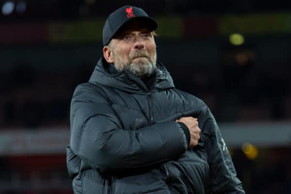 LONDON, ENGLAND - Wednesday, March 16, 2022: Liverpool's manager Jürgen Klopp celebrates after the FA Premier League match between Arsenal FC and Liverpool FC at the Emirates Stadium. Liverpool won 2-0. (Pic by David Rawcliffe/Propaganda)