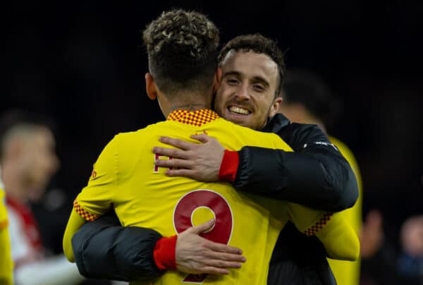 LONDON, ENGLAND - Wednesday, March 16, 2022: Liverpool's goal-scorer Roberto Firmino (L) and Diogo Jota celebrate after the FA Premier League match between Arsenal FC and Liverpool FC at the Emirates Stadium. Liverpool won 2-0. (Pic by David Rawcliffe/Propaganda)