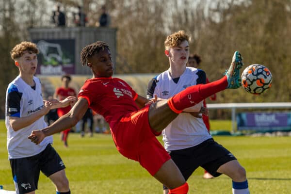 DERBY, ENGLAND - Saturday, March 19, 2022: Liverpool's Isaac Mabaya during the Under-18 Premier League match between Derby County FC Under-18's and Liverpool FC Under-18's at Moor Farm Training Centre. (Pic by David Rawcliffe/Propaganda)