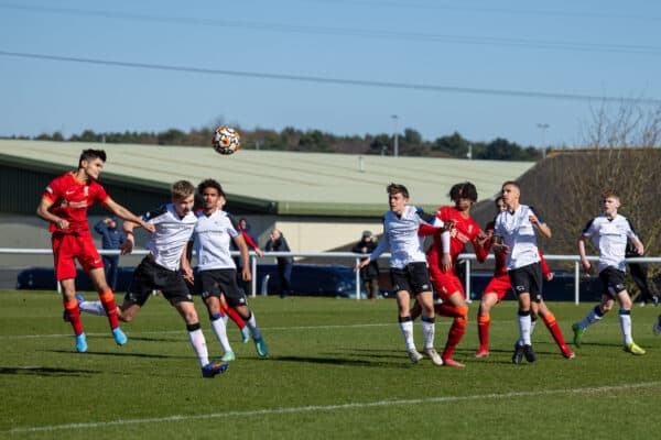 DERBY, ENGLAND - Saturday, March 19, 2022: Liverpool's Oakley Cannonier (L) scores the first equalising goal with a header during the Under-18 Premier League match between Derby County FC Under-18's and Liverpool FC Under-18's at Moor Farm Training Centre. (Pic by David Rawcliffe/Propaganda)