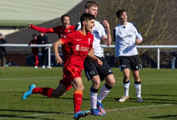 DERBY, ENGLAND - Saturday, March 19, 2022: Liverpool's Oakley Cannonier celebrates after scoring the first equalising goal during the Under-18 Premier League match between Derby County FC Under-18's and Liverpool FC Under-18's at Moor Farm Training Centre. (Pic by David Rawcliffe/Propaganda)