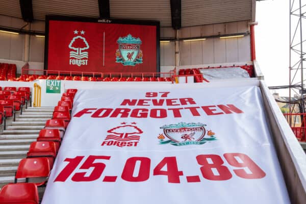 NOTTINGHAM, ENGLAND - Sunday, March 20, 2022: 97 seats left empty in memory of the victims of the Hillsborough Stadium Disaster of 1989, pictured before the FA Cup Quarter-Final match between Nottingham Forest FC and Liverpool FC at the City Ground. (Pic by David Rawcliffe/Propaganda)