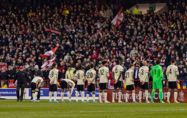 NOTTINGHAM, ENGLAND - Sunday, March 20, 2022: Liverpool and Nottingham Forest players line-up before the FA Cup Quarter-Final match between Nottingham Forest FC and Liverpool FC at the City Ground. (Pic by David Rawcliffe/Propaganda)