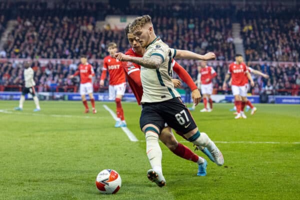 NOTTINGHAM, ENGLAND - Sunday, March 20, 2022: Liverpool's Harvey Elliott (R) and Nottingham Forest's Brennan Johnson during the FA Cup Quarter-Final match between Nottingham Forest FC and Liverpool FC at the City Ground. (Pic by David Rawcliffe/Propaganda)