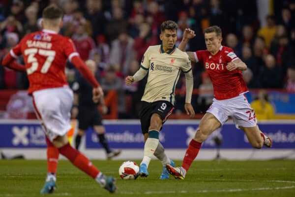 NOTTINGHAM, ENGLAND - Sunday, March 20, 2022: Liverpool's Roberto Firmino during the FA Cup Quarter-Final match between Nottingham Forest FC and Liverpool FC at the City Ground. (Pic by David Rawcliffe/Propaganda)