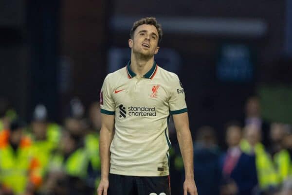 NOTTINGHAM, ENGLAND - Sunday, March 20, 2022: Liverpool's Diogo Jota looks dejected during the FA Cup Quarter-Final match between Nottingham Forest FC and Liverpool FC at the City Ground. (Pic by David Rawcliffe/Propaganda)