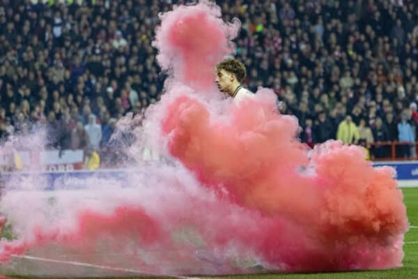 NOTTINGHAM, ENGLAND - Sunday, March 20, 2022: Liverpool's Kostas Tsimikas with a smoke bomb during the FA Cup Quarter-Final match between Nottingham Forest FC and Liverpool FC at the City Ground. (Pic by David Rawcliffe/Propaganda)