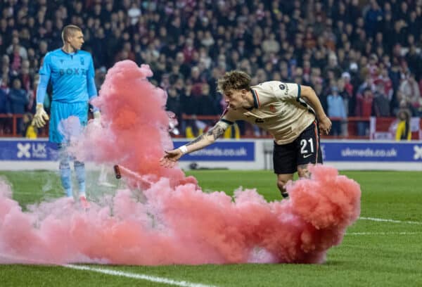 NOTTINGHAM, ENGLAND - Sunday, March 20, 2022: Liverpool's Kostas Tsimikas with a smoke bomb during the FA Cup Quarter-Final match between Nottingham Forest FC and Liverpool FC at the City Ground. (Pic by David Rawcliffe/Propaganda)