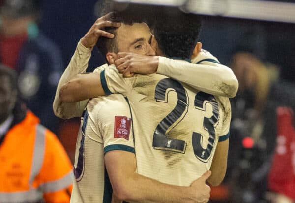 NOTTINGHAM, ENGLAND - Sunday, March 20, 2022: Liverpool's Diogo Jota celebrates after scoring the first goal during the FA Cup Quarter-Final match between Nottingham Forest FC and Liverpool FC at the City Ground. (Pic by David Rawcliffe/Propaganda)