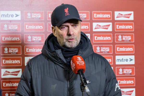 NOTTINGHAM, ENGLAND - Sunday, March 20, 2022: Liverpool's manager Jürgen Klopp after the FA Cup Quarter-Final match between Nottingham Forest FC and Liverpool FC at the City Ground. (Pic by David Rawcliffe/Propaganda)