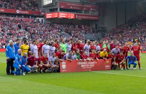 LIVERPOOL, ENGLAND - Saturday, March 26, 2022: Liverpool's and Barcelona line up during the LFC Foundation friendly match between Liverpool FC Legends and FC Barcelona Legends at Anfield. (Pic by Paul Currie/Propaganda)