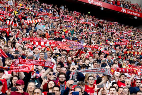 LIVERPOOL, ENGLAND - Saturday, March 26, 2022: Liverpool's supporters before the LFC Foundation friendly match between Liverpool FC Legends and FC Barcelona Legends at Anfield. (Pic by Paul Currie/Propaganda)