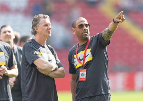 LIVERPOOL, ENGLAND - Saturday, March 26, 2022: Liverpool's Steve McManaman and Phill Babb before the LFC Foundation friendly match between Liverpool FC Legends and FC Barcelona Legends at Anfield. (Pic by Paul Currie/Propaganda)