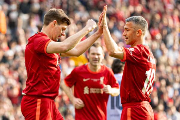 LIVERPOOL, ENGLAND - Saturday, March 26, 2022: Liverpool's captain Steven Gerrard celebrates scoring the 1st goal from the penalty spot during the LFC Foundation friendly match between Liverpool FC Legends and FC Barcelona Legends at Anfield. (Pic by Paul Currie/Propaganda)