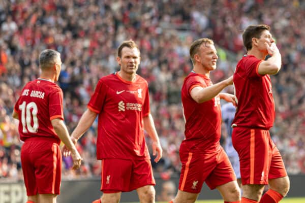 LIVERPOOL, ENGLAND - Saturday, March 26, 2022: Liverpool's captain Steven Gerrard celebrates scoring the 1st goal from the penalty spot during the LFC Foundation friendly match between Liverpool FC Legends and FC Barcelona Legends at Anfield. (Pic by Paul Currie/Propaganda)