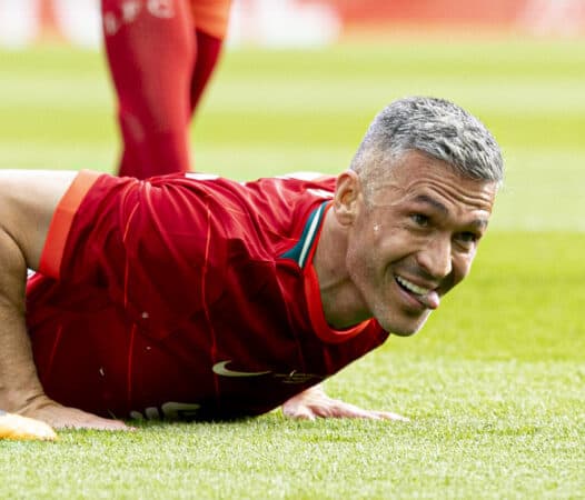 LIVERPOOL, ENGLAND - Saturday, March 26, 2022: Liverpool's Luis Garcia sticks out his tongue during the LFC Foundation friendly match between Liverpool FC Legends and FC Barcelona Legends at Anfield. (Pic by Paul Currie/Propaganda)