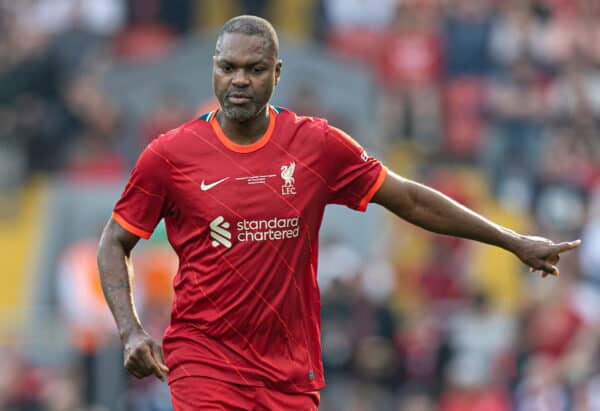 LIVERPOOL, ENGLAND - Saturday, March 26, 2022: Liverpool's Salif Diao during the LFC Foundation friendly match between Liverpool FC Legends and FC Barcelona Legends at Anfield. (Pic by Paul Currie/Propaganda)