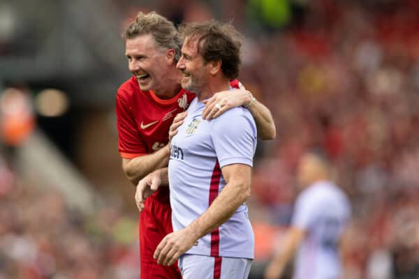 LIVERPOOL, ENGLAND - Saturday, March 26, 2022: Liverpool's Steve McManaman shares a joke with Juan Carlos Rodriguez during the LFC Foundation friendly match between Liverpool FC Legends and FC Barcelona Legends at Anfield. (Pic by Paul Currie/Propaganda)