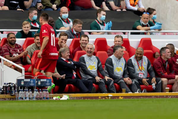 LIVERPOOL, ENGLAND - Saturday, March 26, 2022: Liverpool's Ian Rush and manager Kenny Dalglish share a joke during the LFC Foundation friendly match between Liverpool FC Legends and FC Barcelona Legends at Anfield. (Pic by Paul Currie/Propaganda)