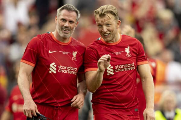 LIVERPOOL, ENGLAND - Saturday, March 26, 2022: Liverpool's Jamie Carragher and Dirk Kuyt after the LFC Foundation friendly match between Liverpool FC Legends and FC Barcelona Legends at Anfield. (Pic by Paul Currie/Propaganda)