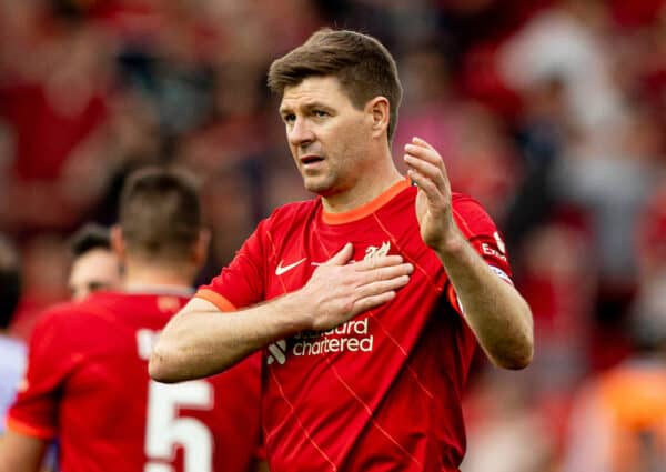 LIVERPOOL, ENGLAND - Saturday, March 26, 2022: Liverpool's captain Steven Gerrard pats his badge at the end of the match after the LFC Foundation friendly match between Liverpool FC Legends and FC Barcelona Legends at Anfield. (Pic by Paul Currie/Propaganda)