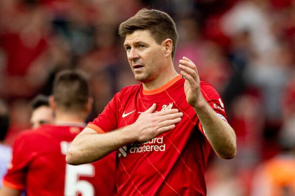 LIVERPOOL, ENGLAND - Saturday, March 26, 2022: Liverpool's captain Steven Gerrard pats his badge at the end of the match after the LFC Foundation friendly match between Liverpool FC Legends and FC Barcelona Legends at Anfield. (Pic by Paul Currie/Propaganda)