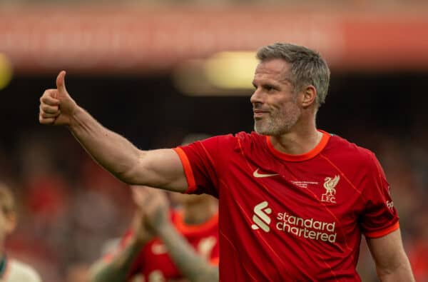 LIVERPOOL, ENGLAND - Saturday, March 26, 2022: Liverpool's Jamie Carragher waves to the supporters after the LFC Foundation friendly match between Liverpool FC Legends and FC Barcelona Legends at Anfield. (Pic by David Rawcliffe/Propaganda)