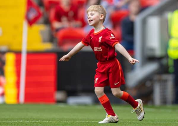 LIVERPOOL, ENGLAND - Saturday, March 26, 2022: Leo Gerrard, son of Liverpool's captain Steven Gerrard, during the pre-match warm-up before the LFC Foundation friendly match between Liverpool FC Legends and FC Barcelona Legends at Anfield. (Pic by David Rawcliffe/Propaganda)