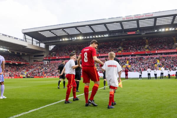 LIVERPOOL, ENGLAND - Saturday, March 26, 2022: Liverpool's captain Steven Gerrard walks out before during the LFC Foundation friendly match between Liverpool FC Legends and FC Barcelona Legends at Anfield. (Pic by David Rawcliffe/Propaganda)