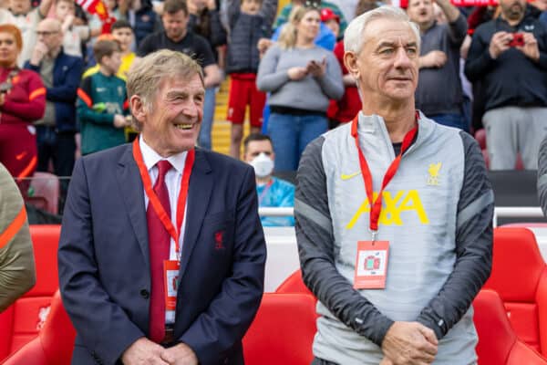 LIVERPOOL, ENGLAND - Saturday, March 26, 2022: Liverpool's Sir Kenny Dalglish (L) and Ian Rush during the LFC Foundation friendly match between Liverpool FC Legends and FC Barcelona Legends at Anfield. (Pic by David Rawcliffe/Propaganda)