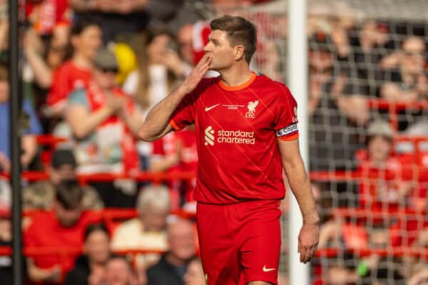 LIVERPOOL, ENGLAND - Saturday, March 26, 2022: Liverpool's captain Steven Gerrard celebrates after scoring the first goal during the LFC Foundation friendly match between Liverpool FC Legends and FC Barcelona Legends at Anfield. (Pic by David Rawcliffe/Propaganda)